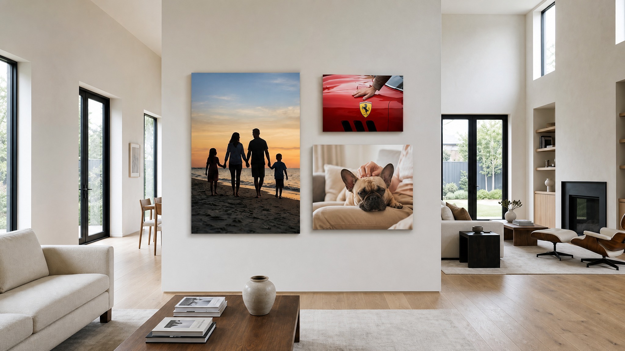Three ChromaLuxe metal prints at different scales in a home