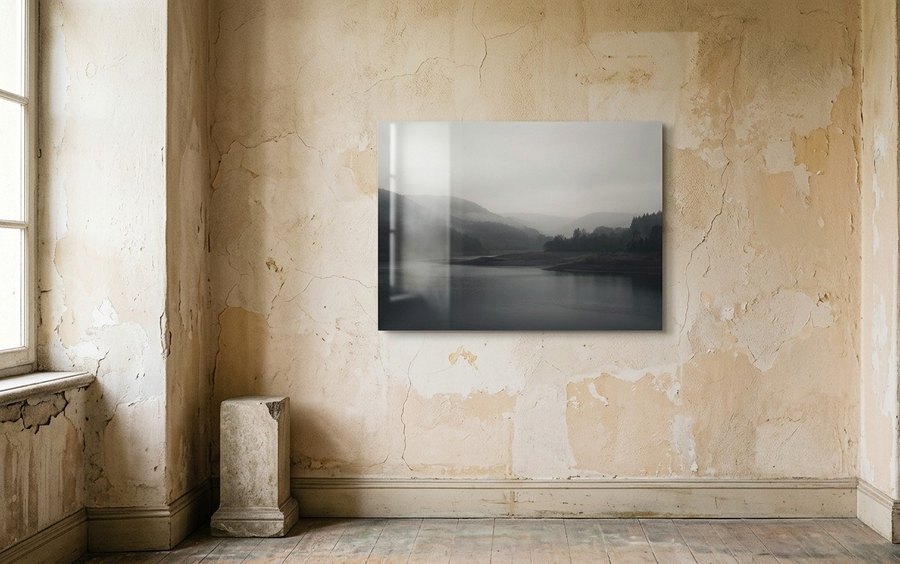 A ChromaLuxe metal print hanging pristine on an aged wall