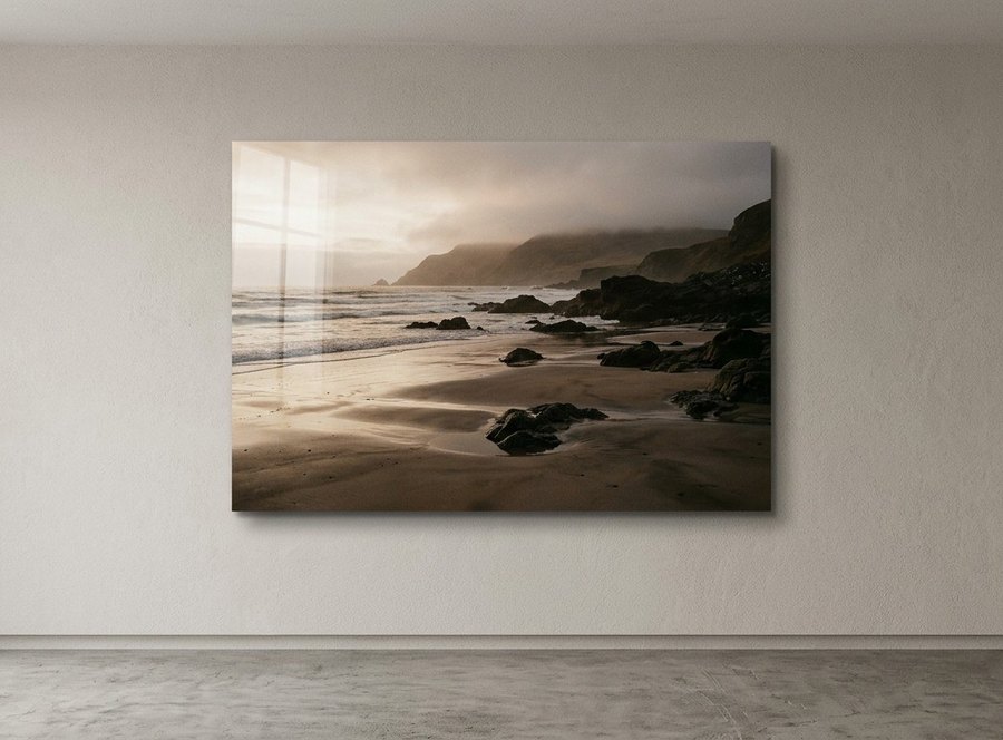 A large unframed ChromaLuxe metal print mounted on a plain wall